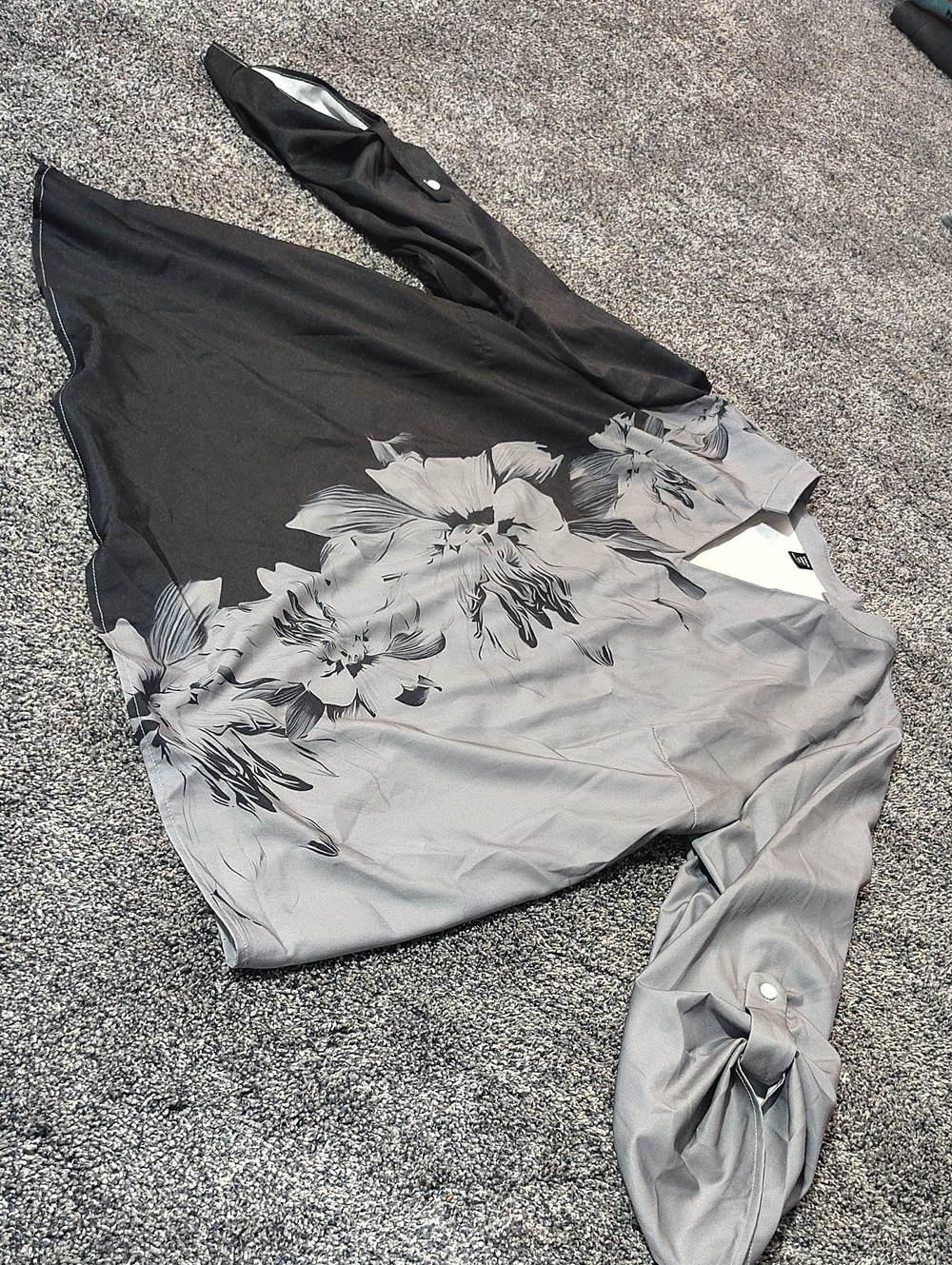 SHEIN Gray and Black Floral V-Neck Tunic